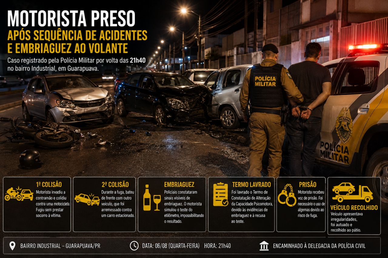 Motorista embriagado invade contramão, provoca série de acidentes e é preso em Guarapuava